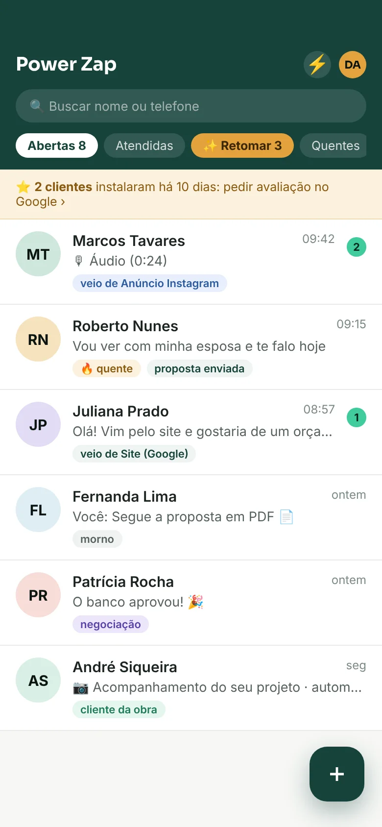 Lista de conversas do Power Zap com origem de cada lead